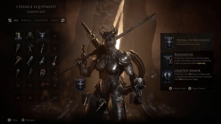Change Equipment menu at Marrow Keep showing the Proxima Shell with Biosampler and Grafted Armor abilities